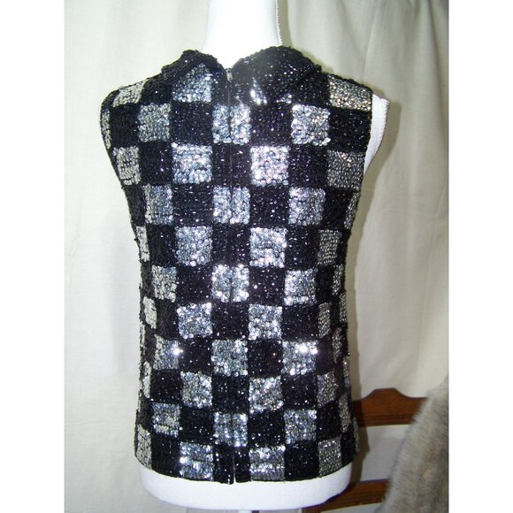 Vintage Sequin Top Party Cocktail Wool Silver Black Formal - Picture 3 of 7